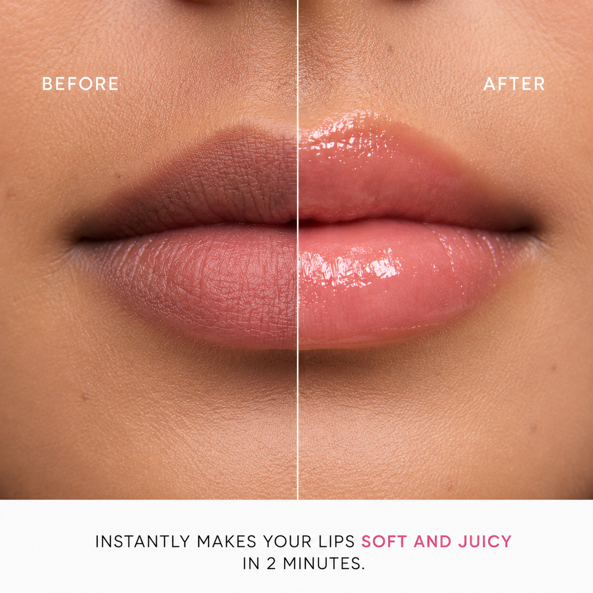 Lips before and after one swipe of Damn Juicy Lip Oil